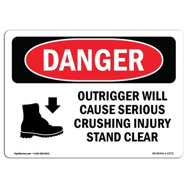 OSHA Danger Sign, Outrigger Cause Crushing Injury, 18in X 12in Decal, 12